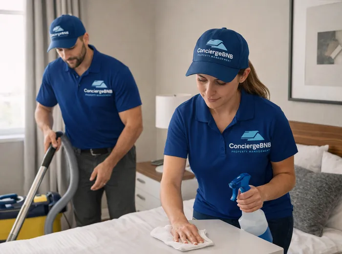 Cleaner preparing a bedroom in a modern property